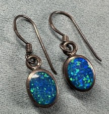 Sterling Silver  Opal Drop Dangle Pierced Earrings Sparkle 