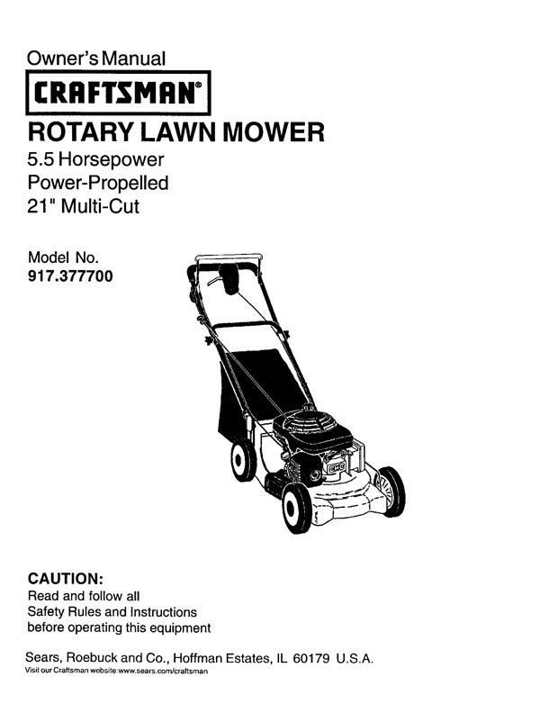 Owner's Manual Sears Craftsman HP Rotary Lawn Mower Model