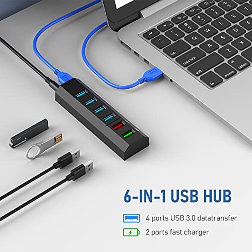 6-Port USB 3.0 Hub with 24W Power Adapter for Super Speed Data Transfer