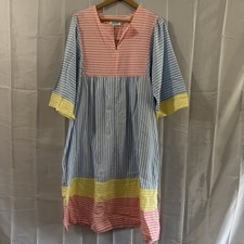 Vintage Leisure Life Pink Blue Green Seersucker Housecoat Dress 2X Lightweight