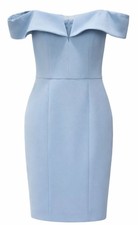 Vince Camuto Sheath Dress 4 Light Blue Off Shoulder V-Notch Midi Crepe $148