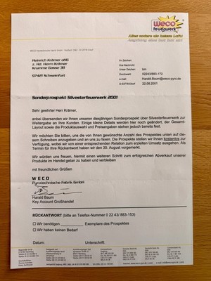 WECO Feuerwerk Brief Anschreiben ''Rufnummern'' 1985 Silvester PYRO-CHEMIE