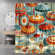 Beach Umbrella Shower Curtain Colorful Coastal Umbrella Print