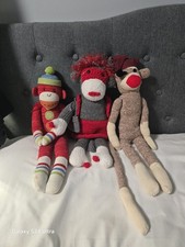Vintage  Handmade  Sock Monkey Trio  Hand Sewn  Lot Of 3  Unique