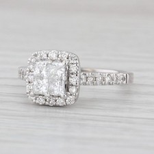 0.89ctw Diamond Princess Halo Engagement Ring 14k White Gold Size 7