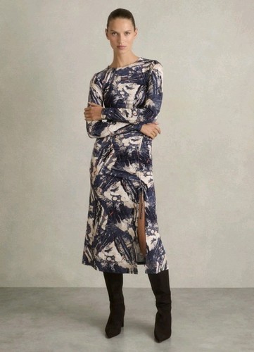 Reiss Riyo Printed Ruched Midi Dress, Navy/Neutral - Size 12
