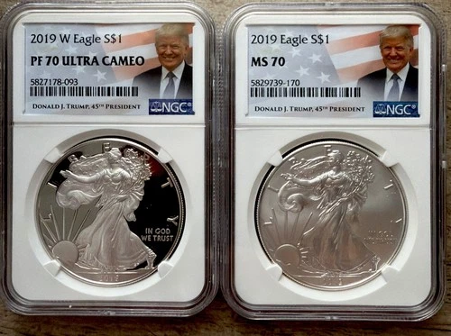 (2)2019-W American Silver Eagle NGC PF 70 Ultra Cameo. + MS 70 Pres Trump labels