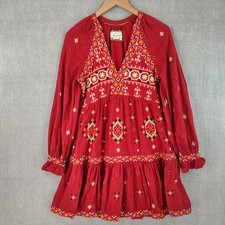 Anthropologie Niamh Dress Women XS Red Embroidered Tribal Aztec Ruffle V-neck LS