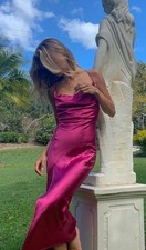 Pink Satin Cowl Neck Midi Slip Dress Sleeveless with Side Slit Straps