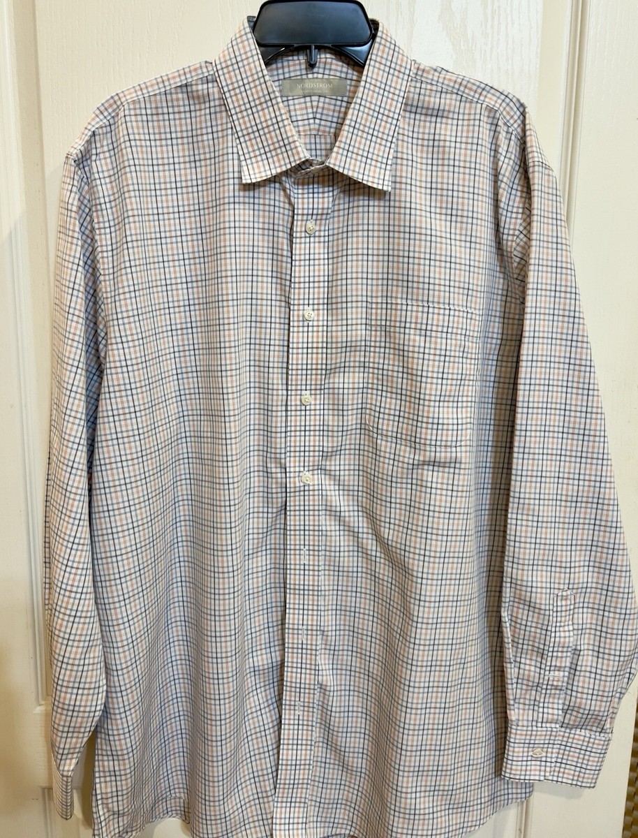nordstrom traditional fit dress shirt John W. Nordstrom Traditional Fit Dress Shirt Men Size 17-33 BEIGE Plaid Cotton