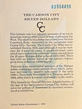 1883 Carson City Silver Dollars GSA COA Certificate