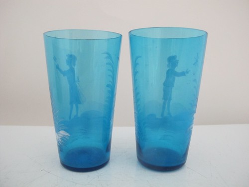 Antique MARY GREGORY Blue Glass GIRL & BOY with Dragonfly Butterfly Tumbler Set - Picture 3 of 7
