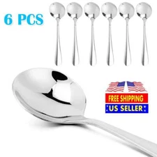 6 Pcs Soup Spoons Set Round Stainless Steel Bouillon Spoon Table Serving Cooking