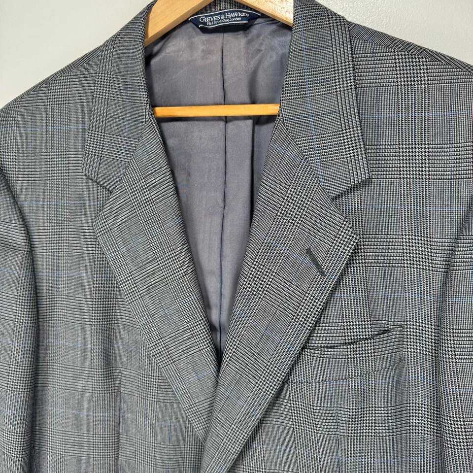 Savile Row Gieves & Hawkes 运动外套西装外套男式 40R 灰色格伦格子 100% 羊毛 — 第 3/4 张图片