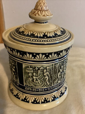 VtgGerman Pottery 1.5 Liter Jar/Lid Depicting Susanna And The Elders~Makers Mark