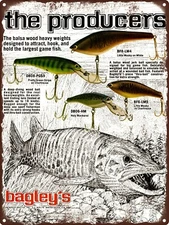 1979 Bagley The Producers Old Fishing Lure Chart Bait Metal Sign 9x12" A371