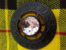 Scottish Fly Plaid Brooch With 1 Pink Stone In Matt Black Finish 3" Brooch
