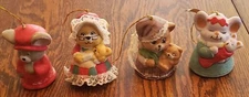 JASCO CARING CRITTER CHIMERS (4) Bisque Porcelain Bell Handpainted Ornament VTG