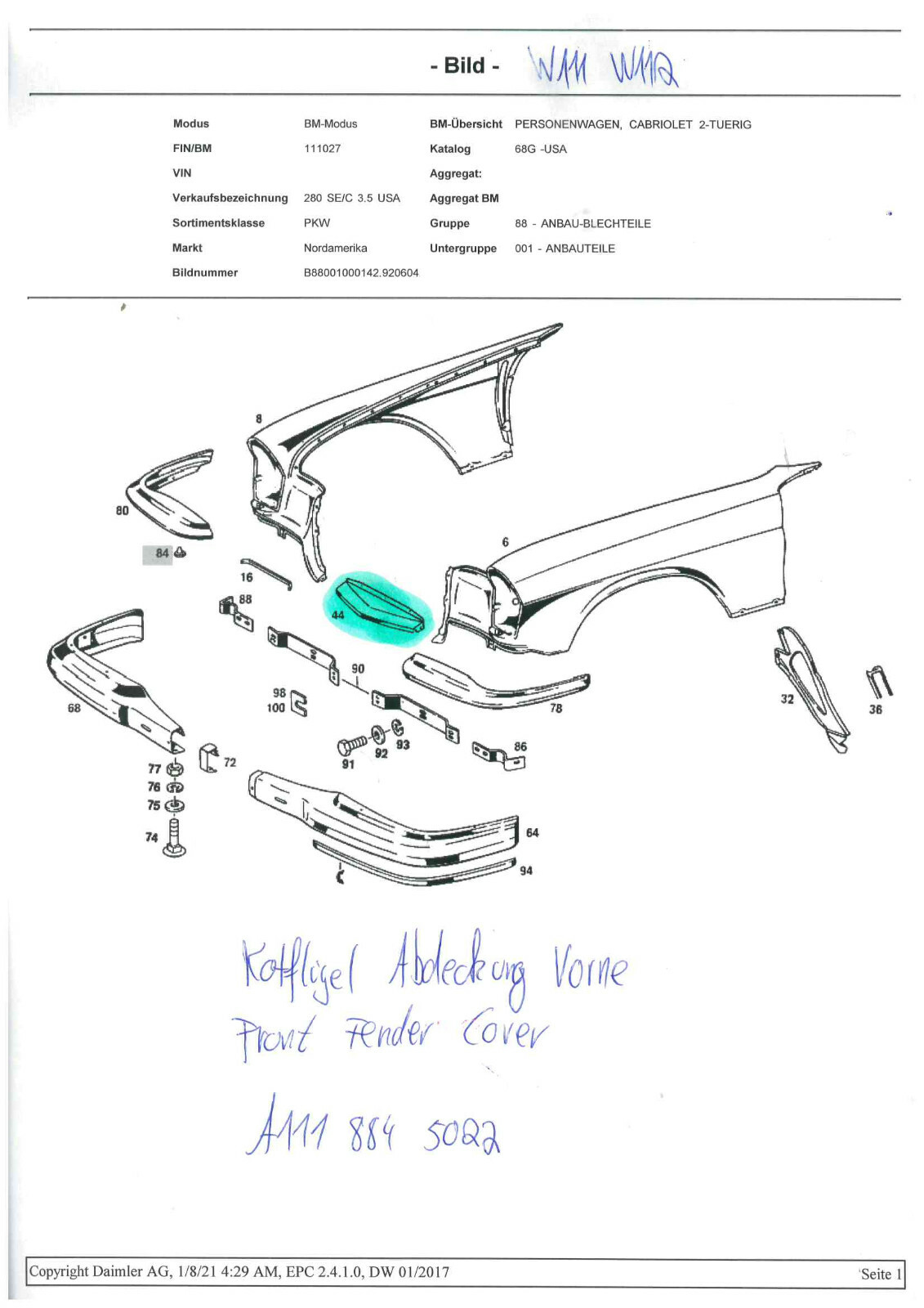 NEU NOS Mercedes-Benz W111 W112 Coupe Cabrio Kotflügel Abdeckung  