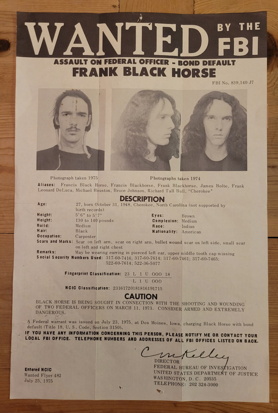 Original 1975 Frank Blackhorse & Leonard Peltier FBI Wanted Posters