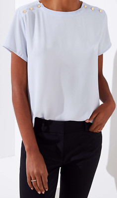Ann Taylor LOFT Woven Button Shoulder Clean Tee Top Size Small Hush Blue Color