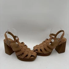 Crown Vintage FARLIE Brown Leather Ankle Strap Block Heel Sandals Women Size 11M