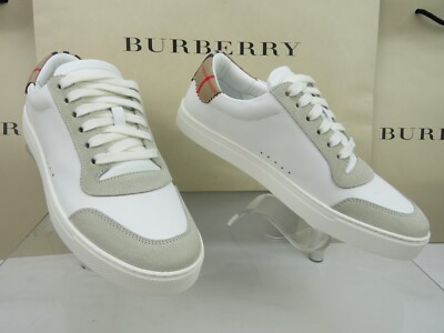 NIB BURBERRY ROBIN WHITE BEIGE CHECK LEATHER LOW LOGO