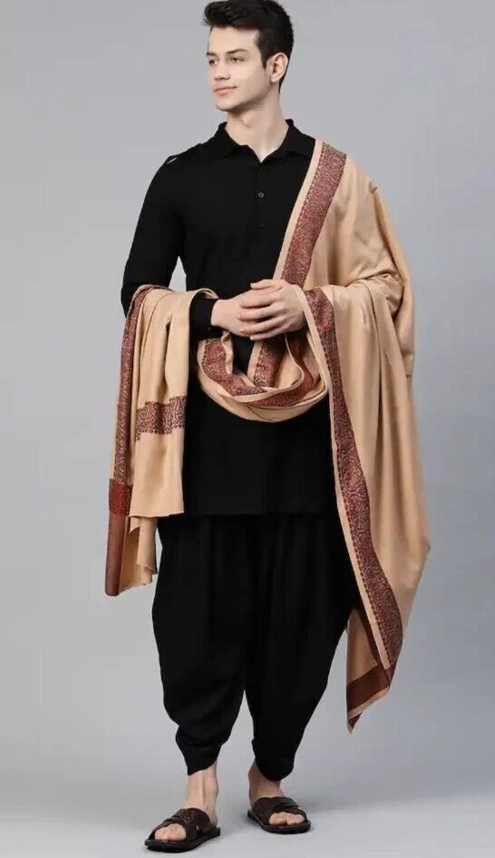 Blanket Wool Men's Beige 100% Cashmere Oversized Paisley Thick Stole Shawl Wrap