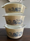 Vintage PYREX Homestead 471/472/473 Casserole Blue Speckled Tan with 3 #470 lids