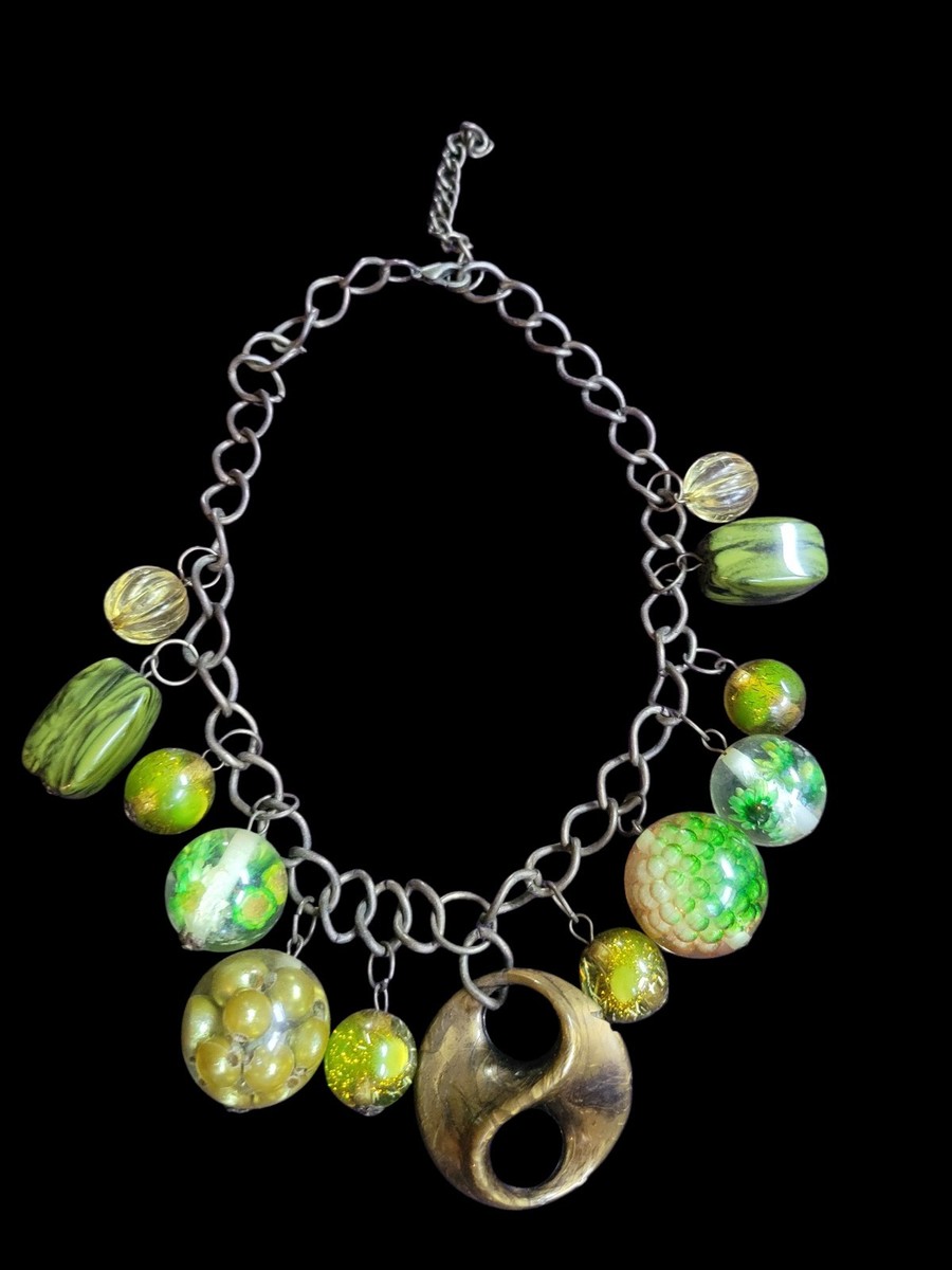 Unique Lampwork Charm Green Necklace Bold Bohemian Adjustable Funky Statement 