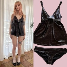 Vintage 70s Brown Wet Look Babydoll Tankini Swimsuit Set