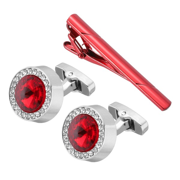 Kristall ManschettenknöPfe & Krawattenclip Set Mit Box, Silber (Rot) FüR Marke-image