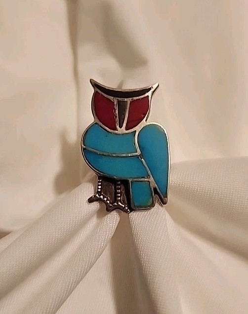 Solid .925 Silver Native Style Owl Ring Turquoise… - image 2
