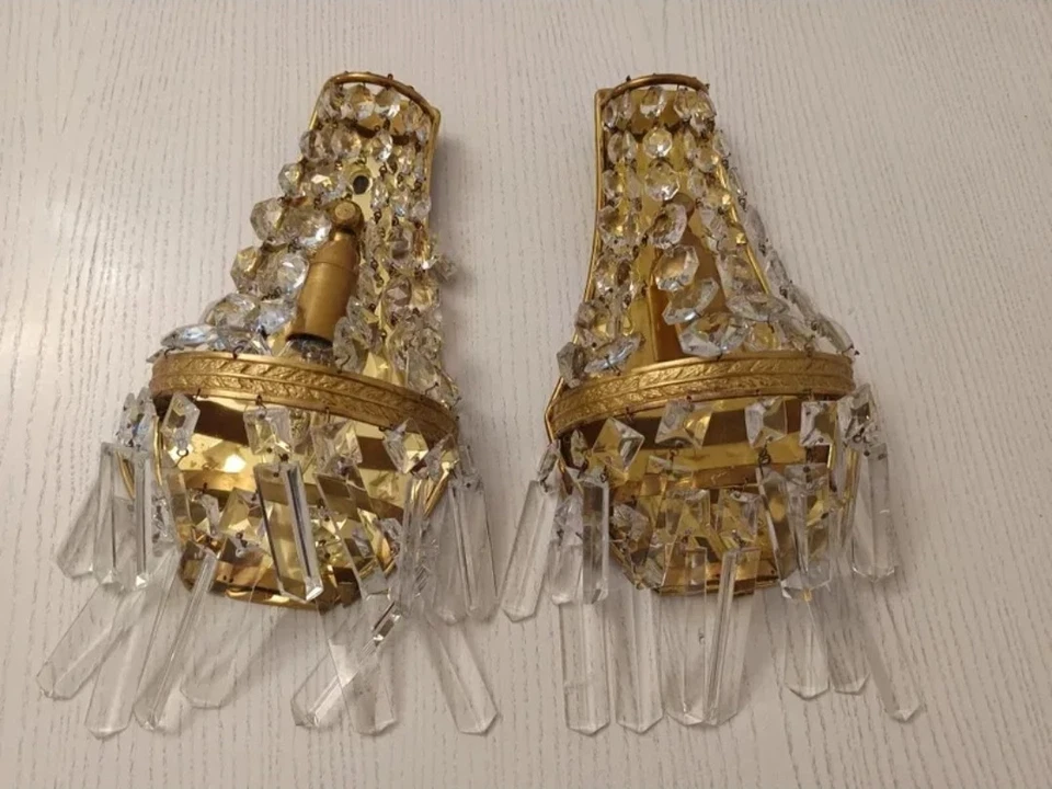 Vintage Antique Pair French Empire Brass Crystal 1 Light Sconces Wall Lights - Image 2 of 4