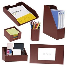 6 Piece Office Supplies/Desk Organizer Set with Desktop Leather Writing Brown