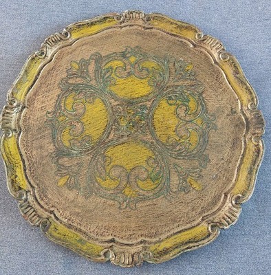 Vintage Italienisch Florentiner Holz Tablett Rund 13'' Grün Gold Vergoldet Italien Wie Ist