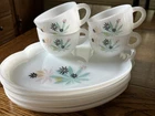 VTG Federal Patio Snack Set Dishes Atomic Flower Milk Glass Set 4 Cups + Plates