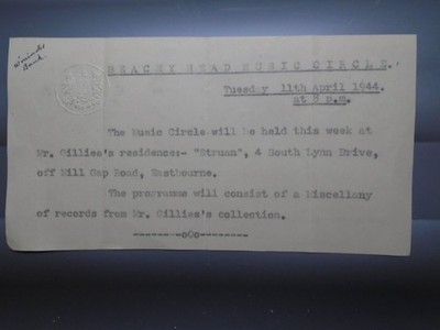 1944 RAF Beachy Head Typ schriftliche Mitteilung Musik Kreis South Lynn Drive Eastborne