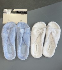Women's Easy Spirit-Set of 2  Size 8/9 Slippers Blue White Fuzzy Soft-Spun Terry