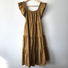 Madewell Brown Floral Tiered Midi Dress M Cotton Cottagecore Prairie Puff Sleeve