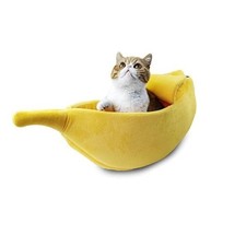 Cute Banana Shape Cat Bed Cozy Plush Semi Open Design Cozy Nesting Spot Yellow