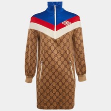 Gucci Brown GG Monogram Print Technical Jersey Web Detail Mini Dress XS