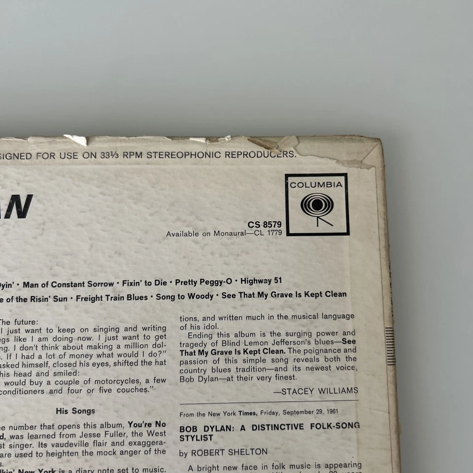 1962 "BOB DYLAN"--his first LP--STEREO (U.S.) 1st PRESSING; COLUMBIA 6 EYE LABEL - Image 3 of 4