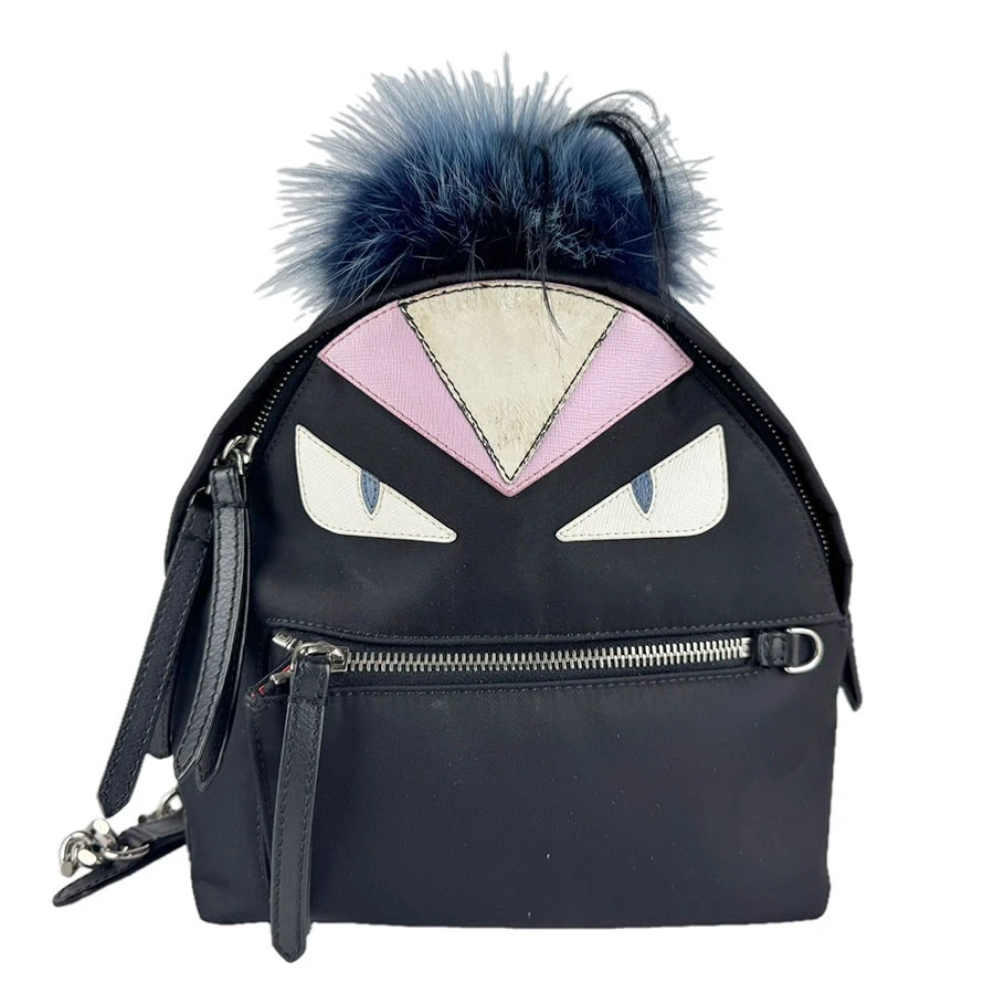 Fendi — Auth FENDI ZAINO MINI Backpack Black Nylon/Fur/Silvertone - z9473