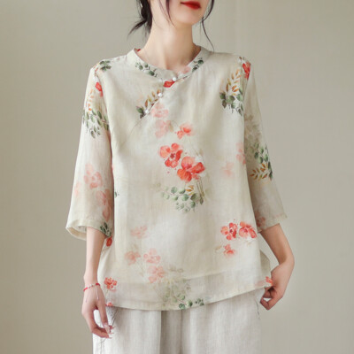 Stile Etnico Cinese Donna Floreale Maglia Camicia Casual Loose