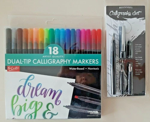 Leisure Arts Dual Tip Calligraphy Markers AND Beginner's Calligraphy Set NEW