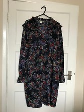 H&M Blue Multi Colour Floral Arty Collar Crepe UK Size 8 Long Sleeve Dress