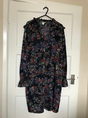 Langarmkleid H&M blau mehrfarbig Blumenmuster Kunstkragen Krepp UK Größe 8