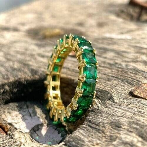 2CT Simulated Emerald Full Eternity Wedding Band 14K Yellow Gold Plated Silver