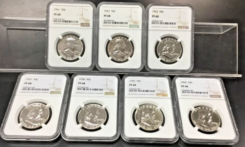 7-NGC PF68 PROOF FRANKLIN HALF DOLLAR RUN 1957-1963 ALL 7 PF-68 in NGC 4-POINT